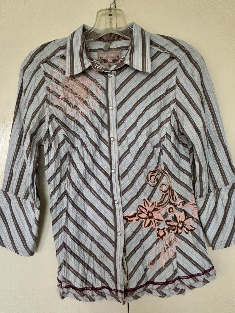 Love, Polly Gray and Pink Striped Pearl Button-Down Shirt with Floral Embroidery